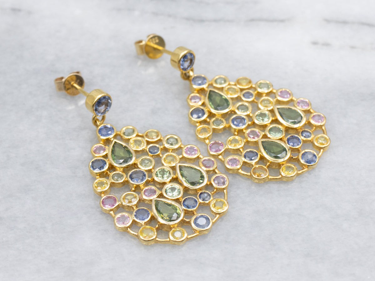 Sparkling Multi-Color Sapphire and Gold Dangle Earrings