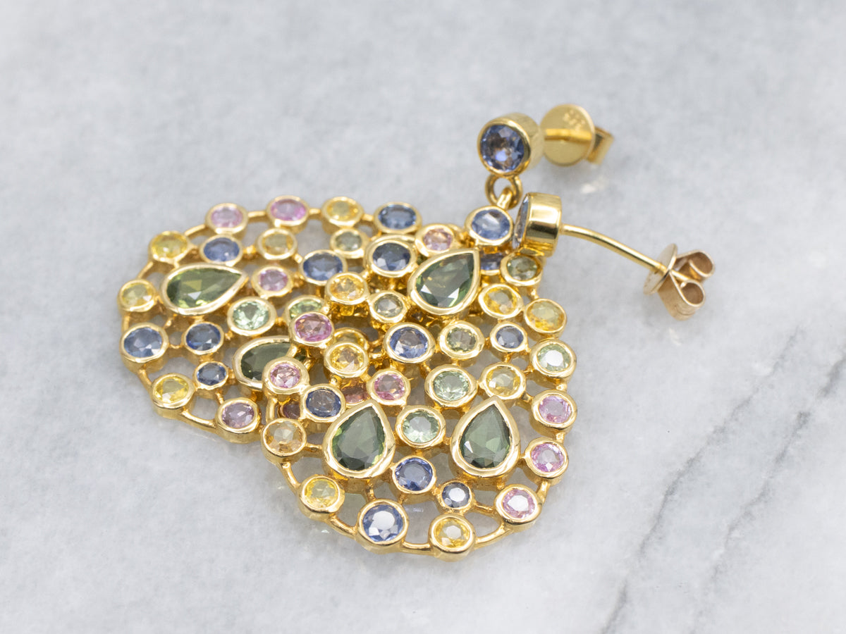 Sparkling Multi-Color Sapphire and Gold Dangle Earrings