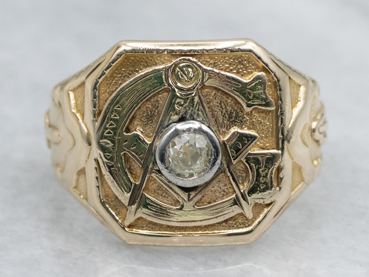 Antique Old Mine Cut Diamond Men's Masonic Ring