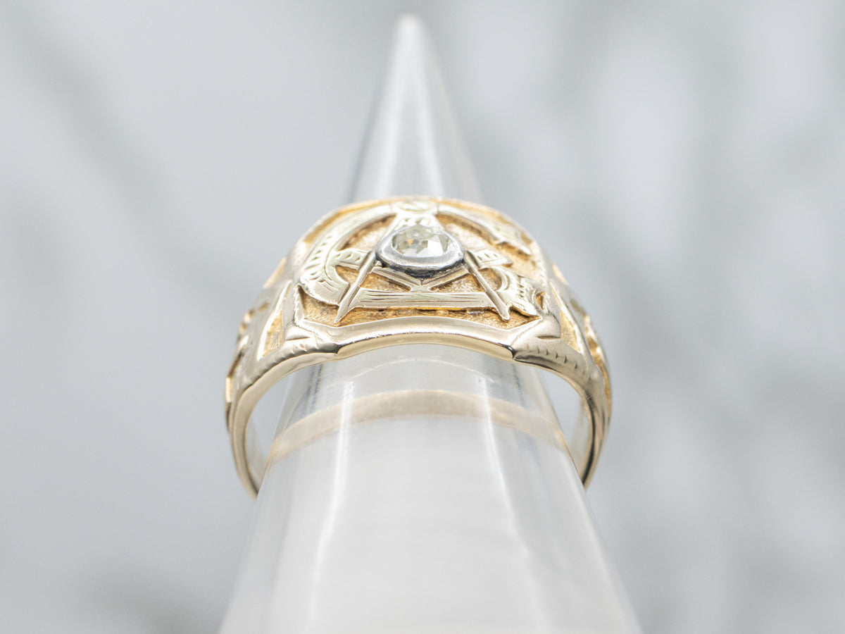 Antique Old Mine Cut Diamond Men's Masonic Ring