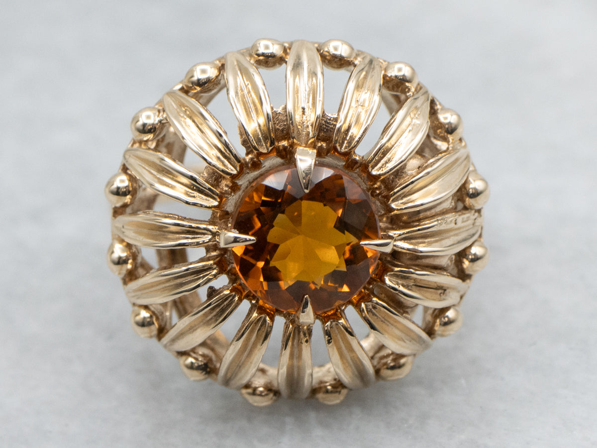 Vintage Gold Stylized Floral Cocktail Ring with Citrine Center
