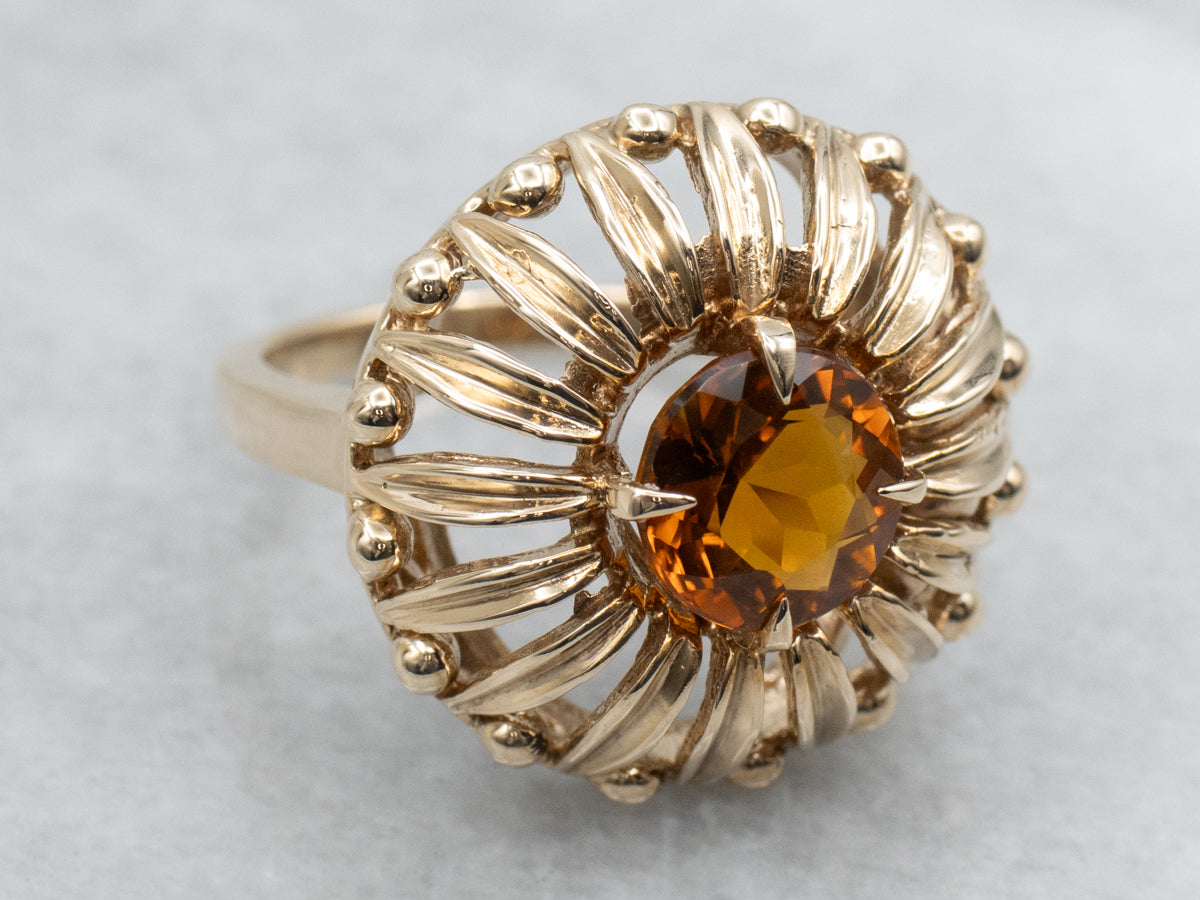 Vintage Gold Stylized Floral Cocktail Ring with Citrine Center