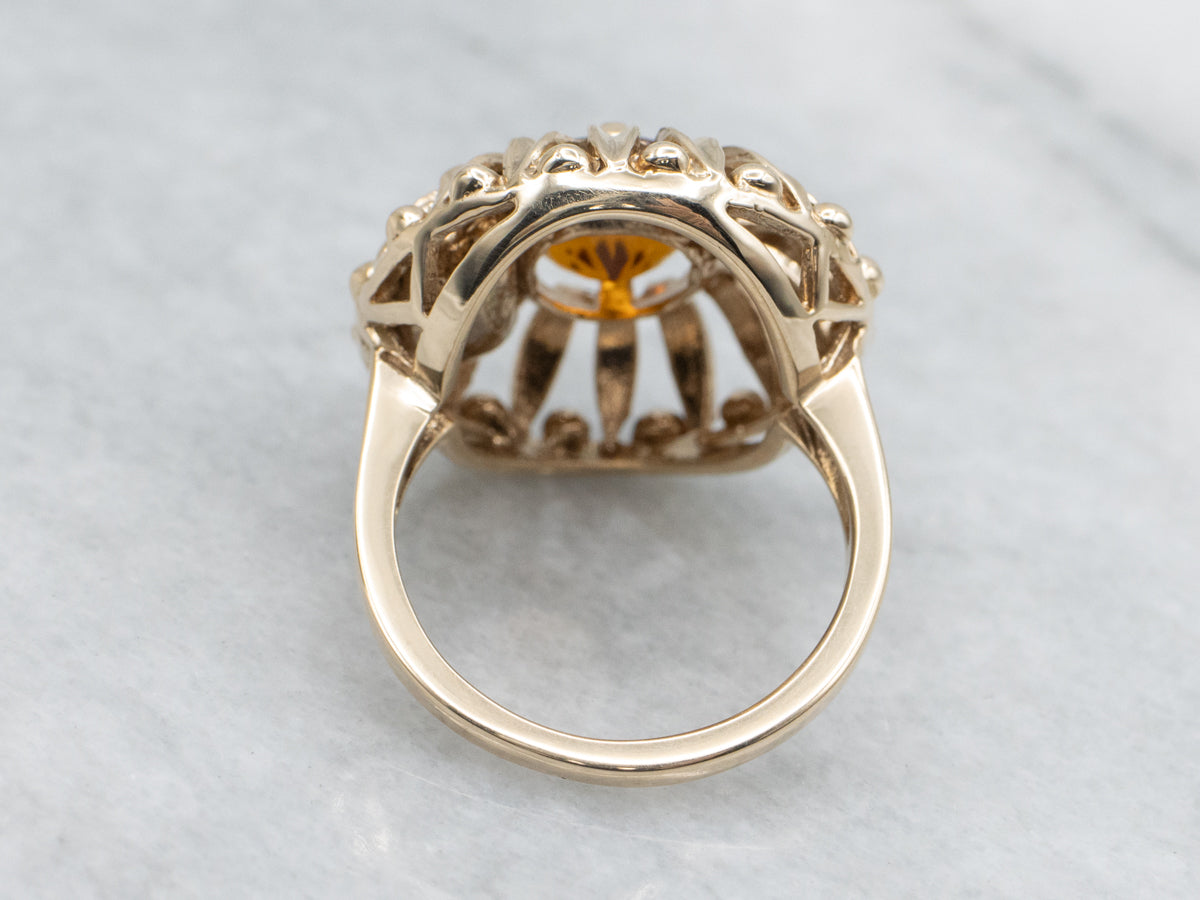 Vintage Gold Stylized Floral Cocktail Ring with Citrine Center