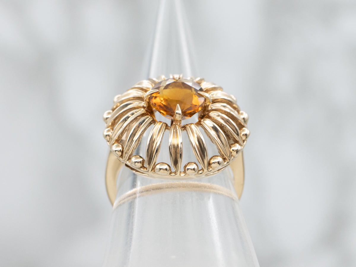 Vintage Gold Stylized Floral Cocktail Ring with Citrine Center