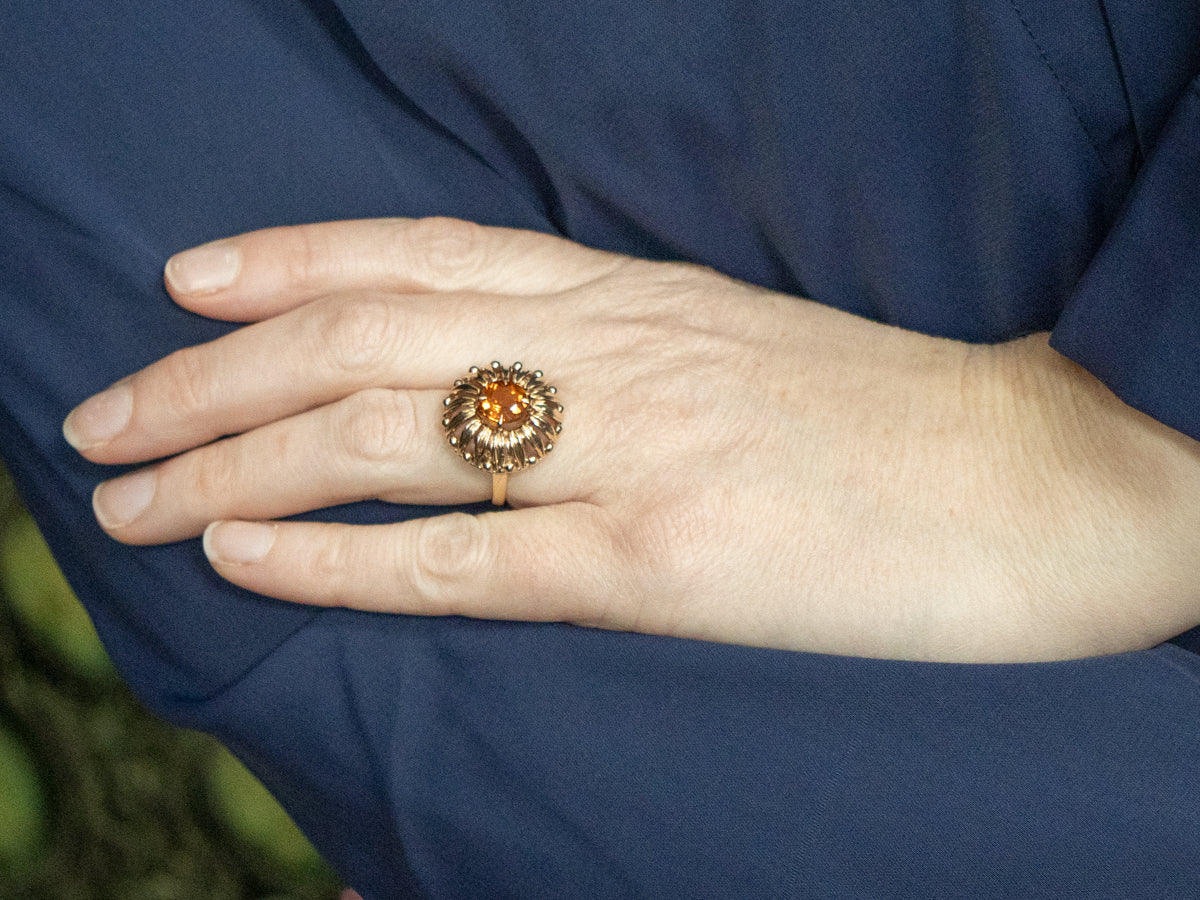 Vintage Gold Stylized Floral Cocktail Ring with Citrine Center