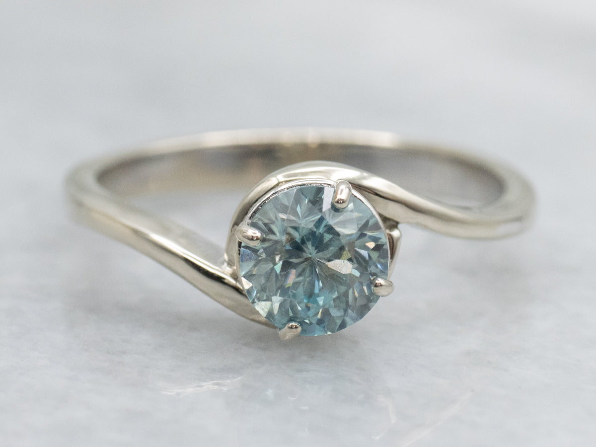 White Gold Blue Zircon Solitaire Bypass Ring