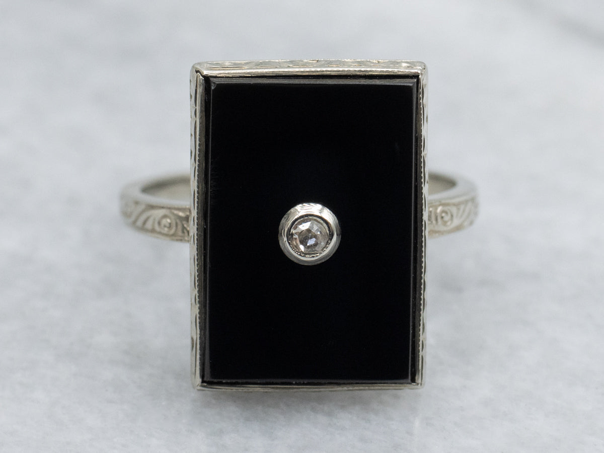 Black Onyx and Diamond Hand-Engraved 1920s Ring