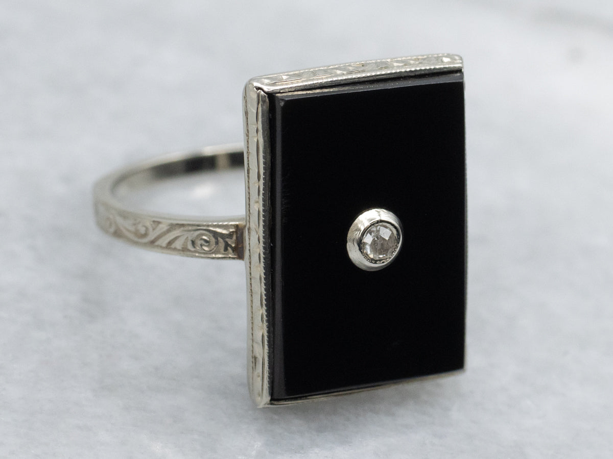 Black Onyx and Diamond Hand-Engraved 1920s Ring