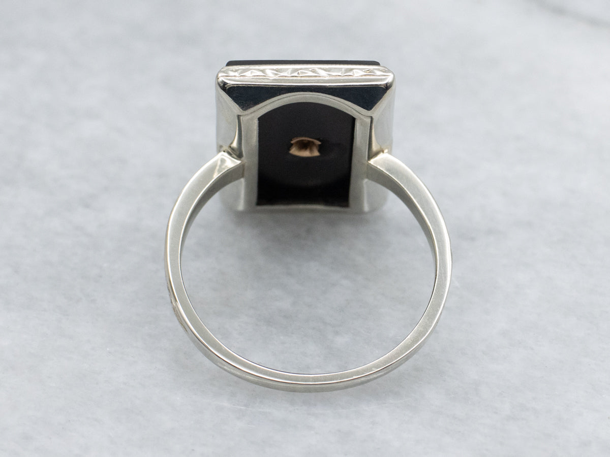 Black Onyx and Diamond Hand-Engraved 1920s Ring