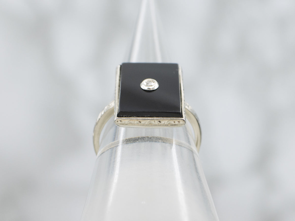 Black Onyx and Diamond Hand-Engraved 1920s Ring
