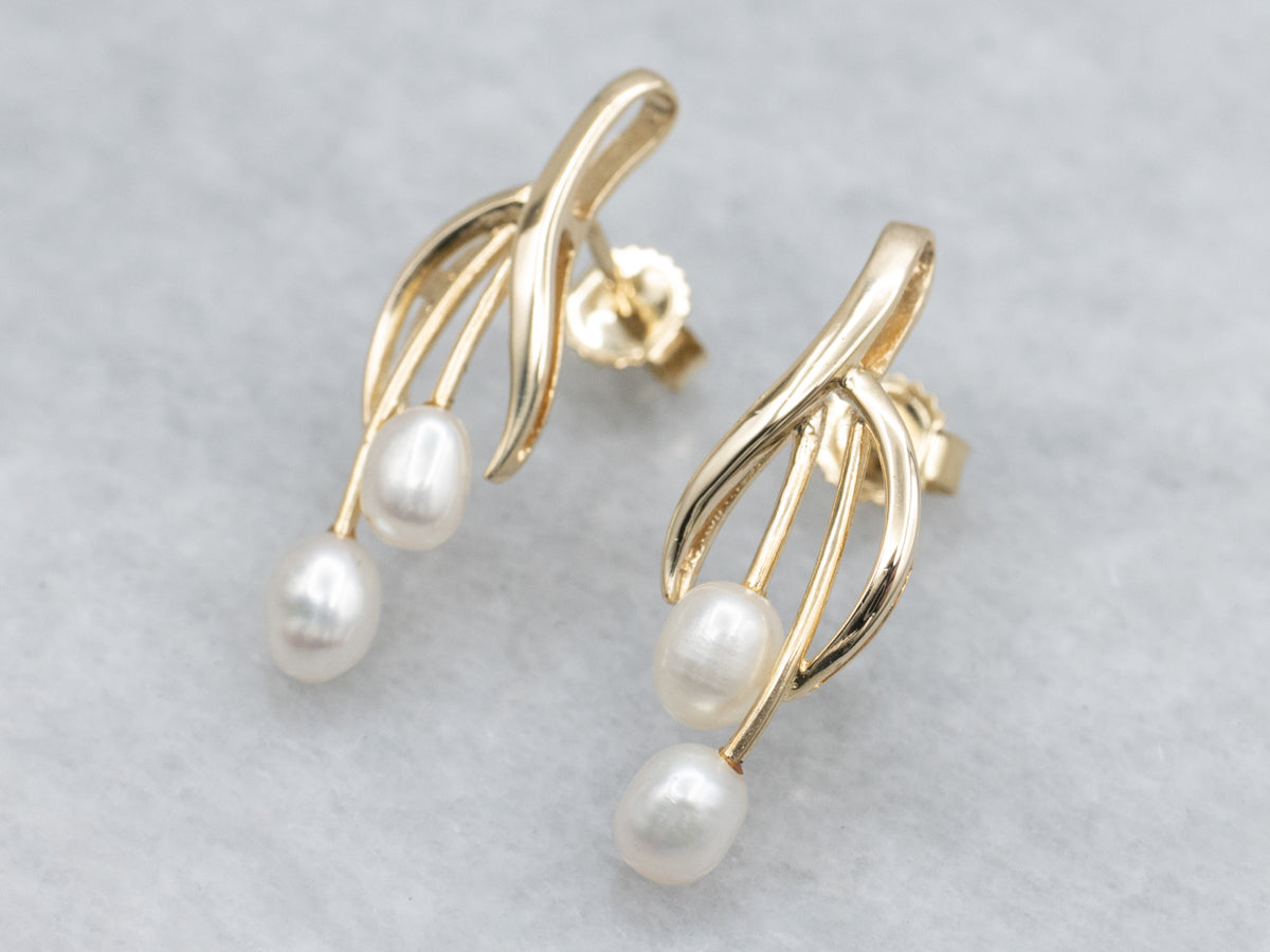 Freshwater Pearl Yellow Gold Twist Stud Earrings