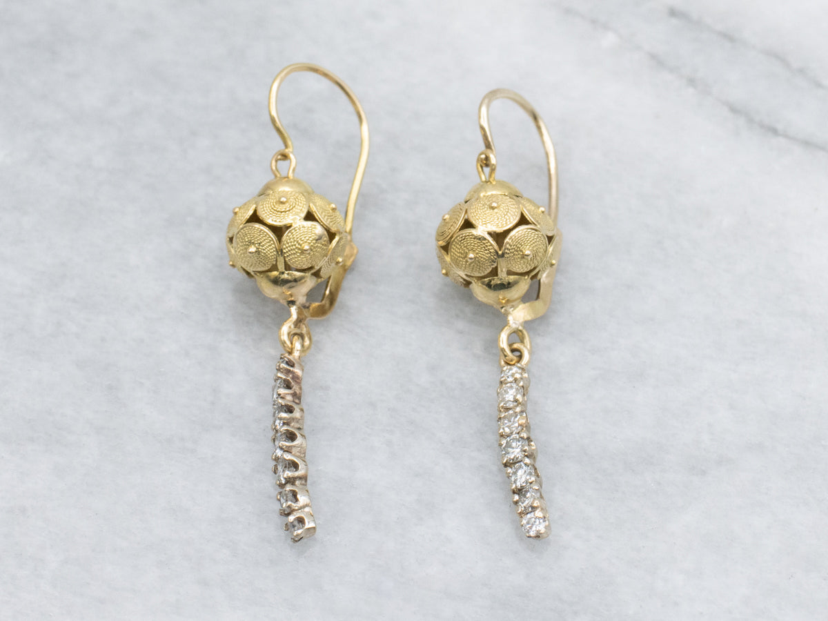 Coiled Rope Twist Two-Tone Gold Diamond Drop Earrings