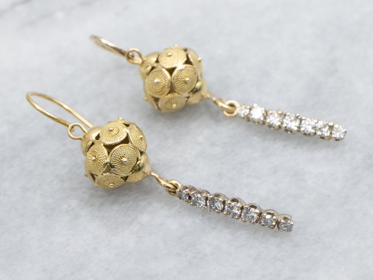 Coiled Rope Twist Two-Tone Gold Diamond Drop Earrings