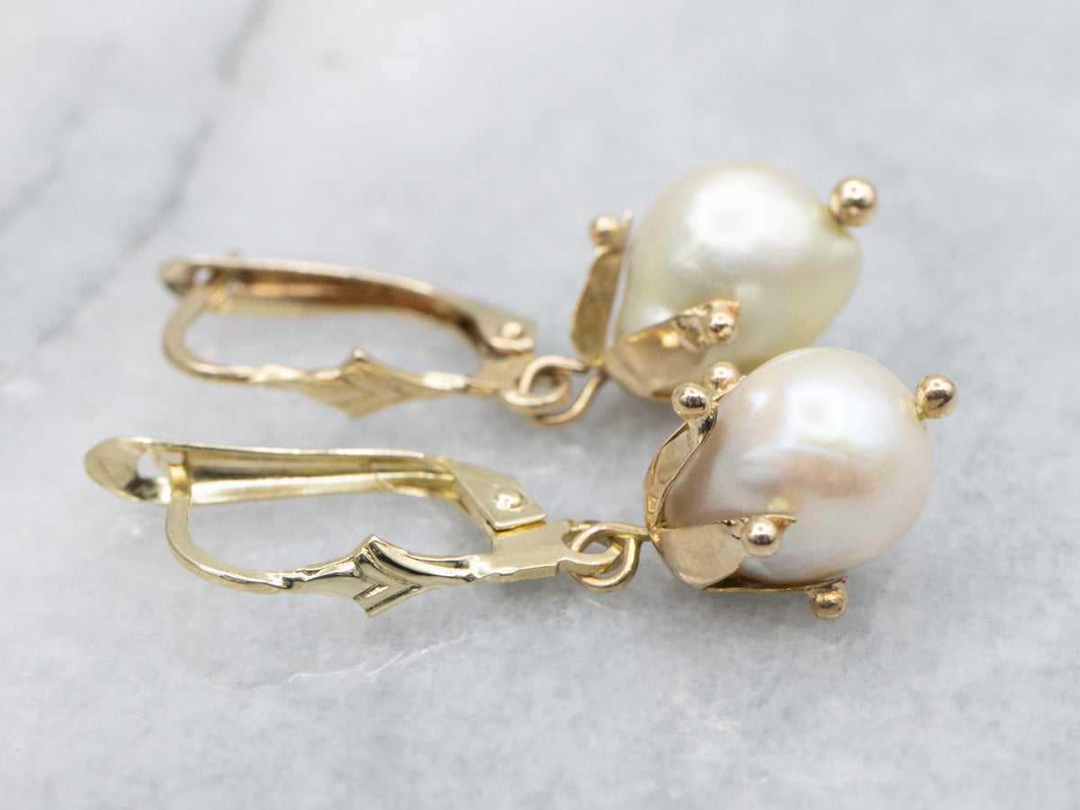 Baroque Pearls in Vintage Gold Botanical Drop Settings