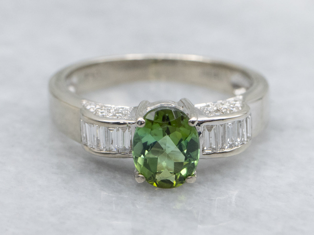 Green Tourmaline and Diamond Modern White Gold Ring