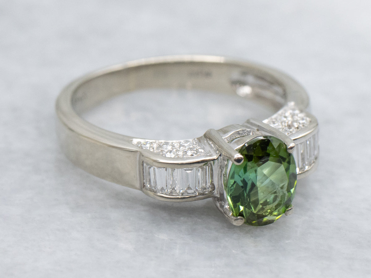 Green Tourmaline and Diamond Modern White Gold Ring