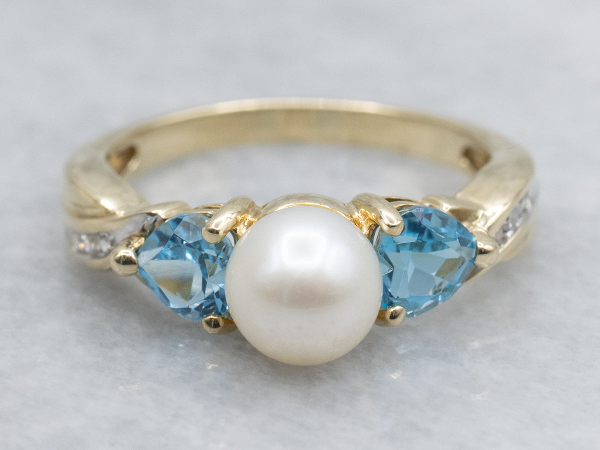 Saltwater Pearl and Heart-Cut Topaz and Diamond Sweetheart Ring