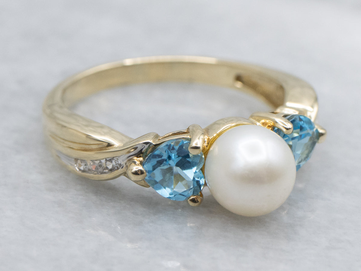 Saltwater Pearl and Heart-Cut Topaz and Diamond Sweetheart Ring