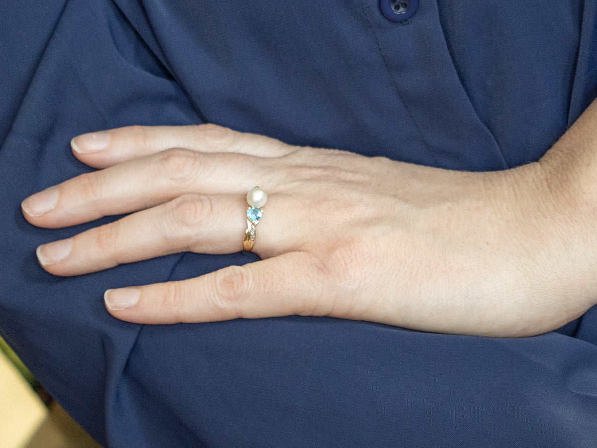 Saltwater Pearl and Heart-Cut Topaz and Diamond Sweetheart Ring