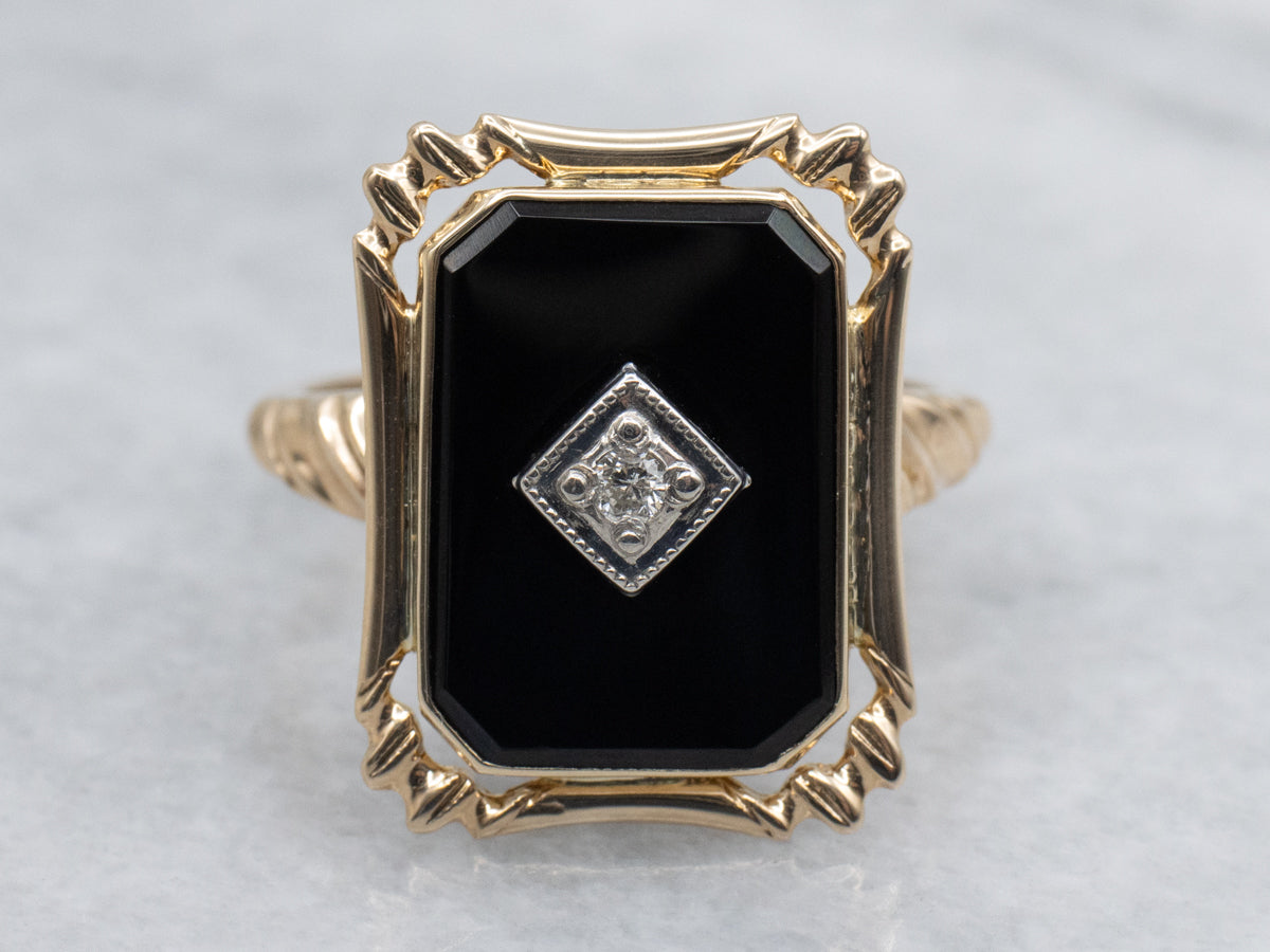 Mid-Century Black Onyx and Diamond Ladies Ring