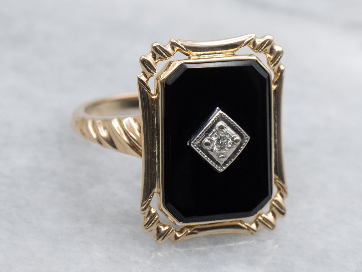 Mid-Century Black Onyx and Diamond Ladies Ring