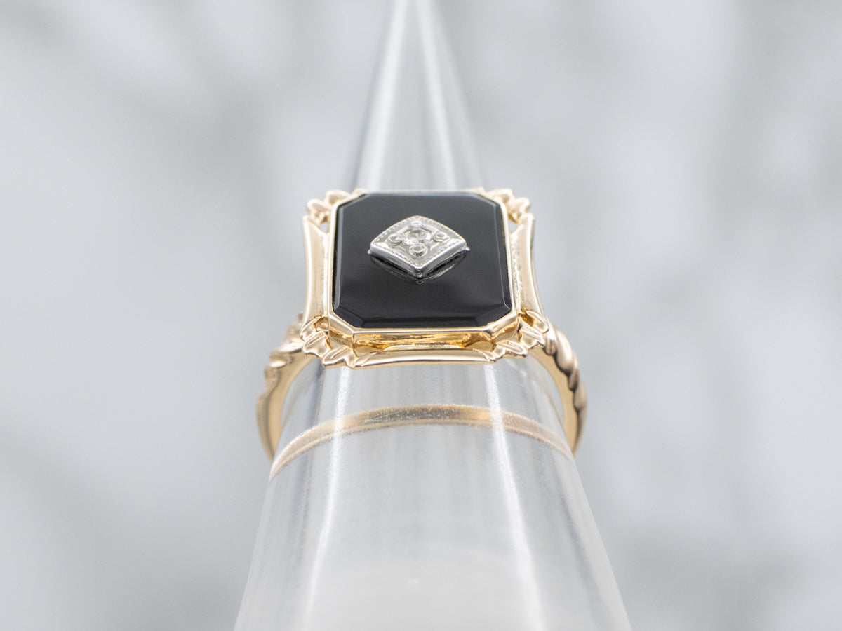 Mid-Century Black Onyx and Diamond Ladies Ring