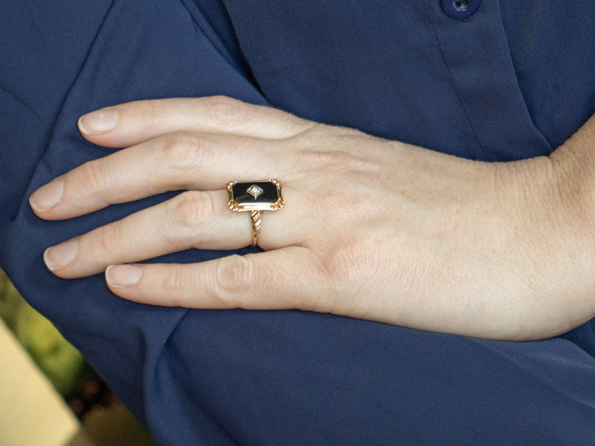 Mid-Century Black Onyx and Diamond Ladies Ring