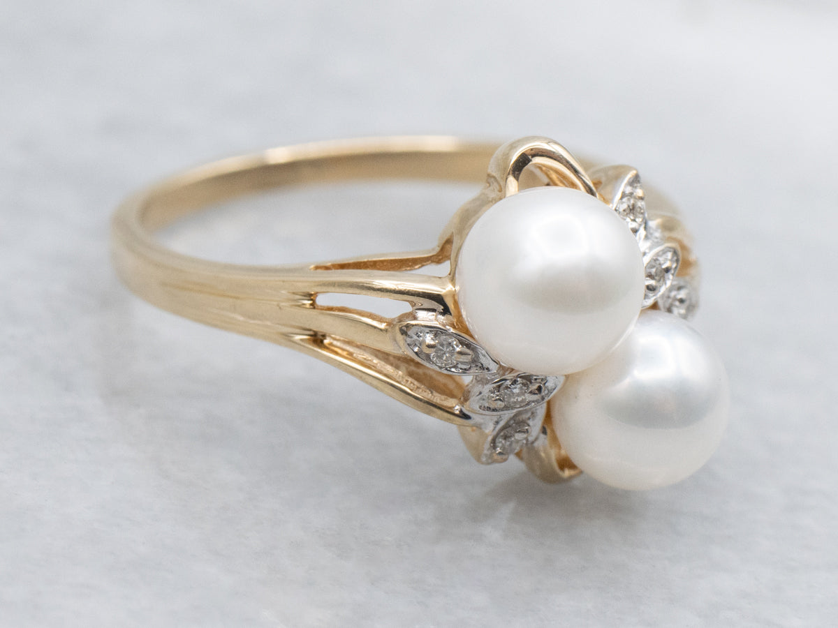 Double Pearl and Diamond Botanical Bypass Ring