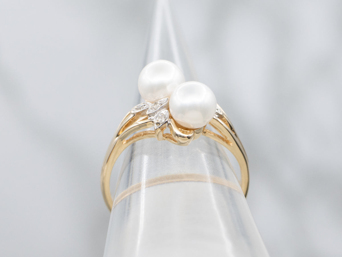 Double Pearl and Diamond Botanical Bypass Ring