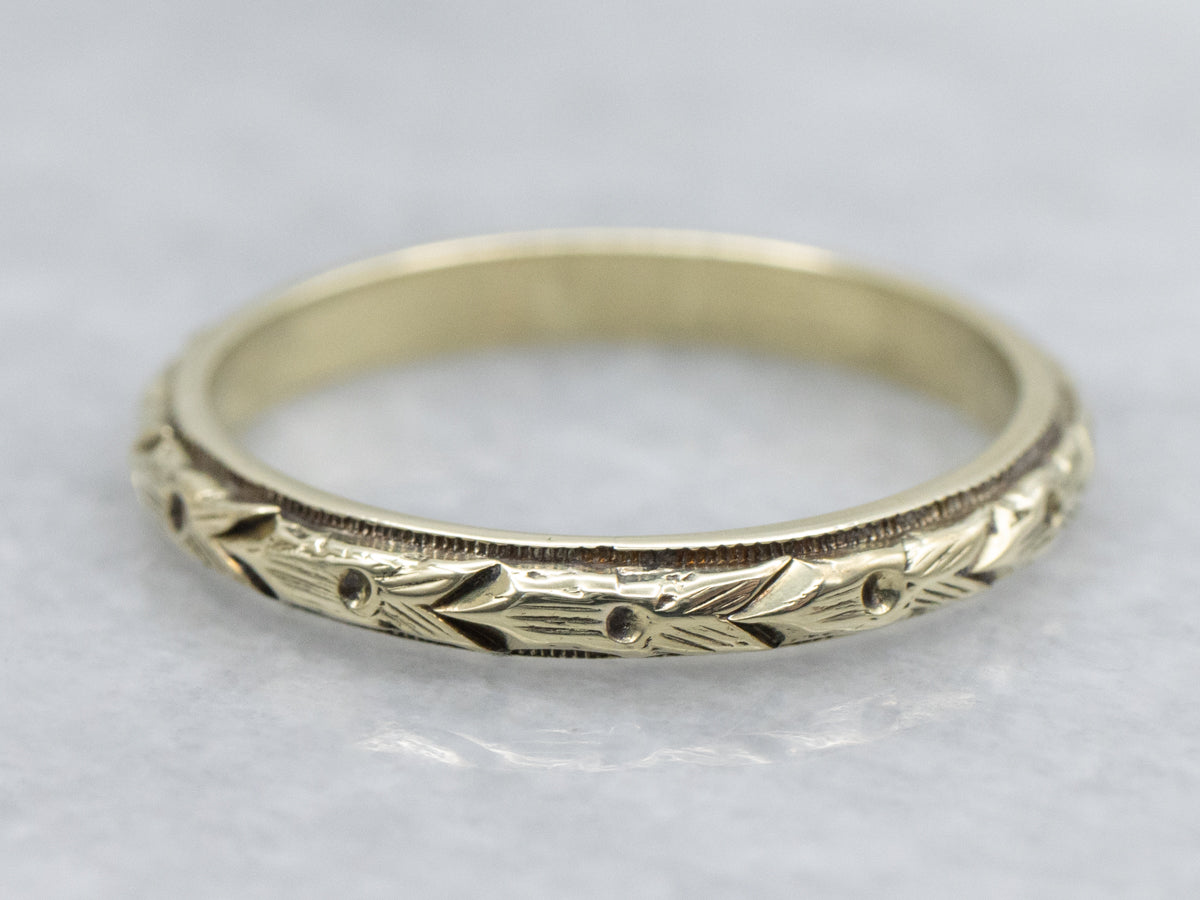 Antique Green Gold Engraved Pattern Band with Milgrain Edge