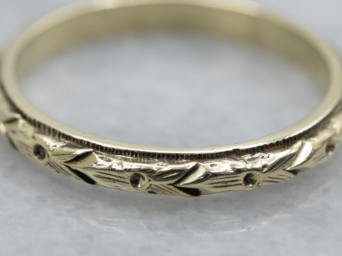 Antique Green Gold Engraved Pattern Band with Milgrain Edge