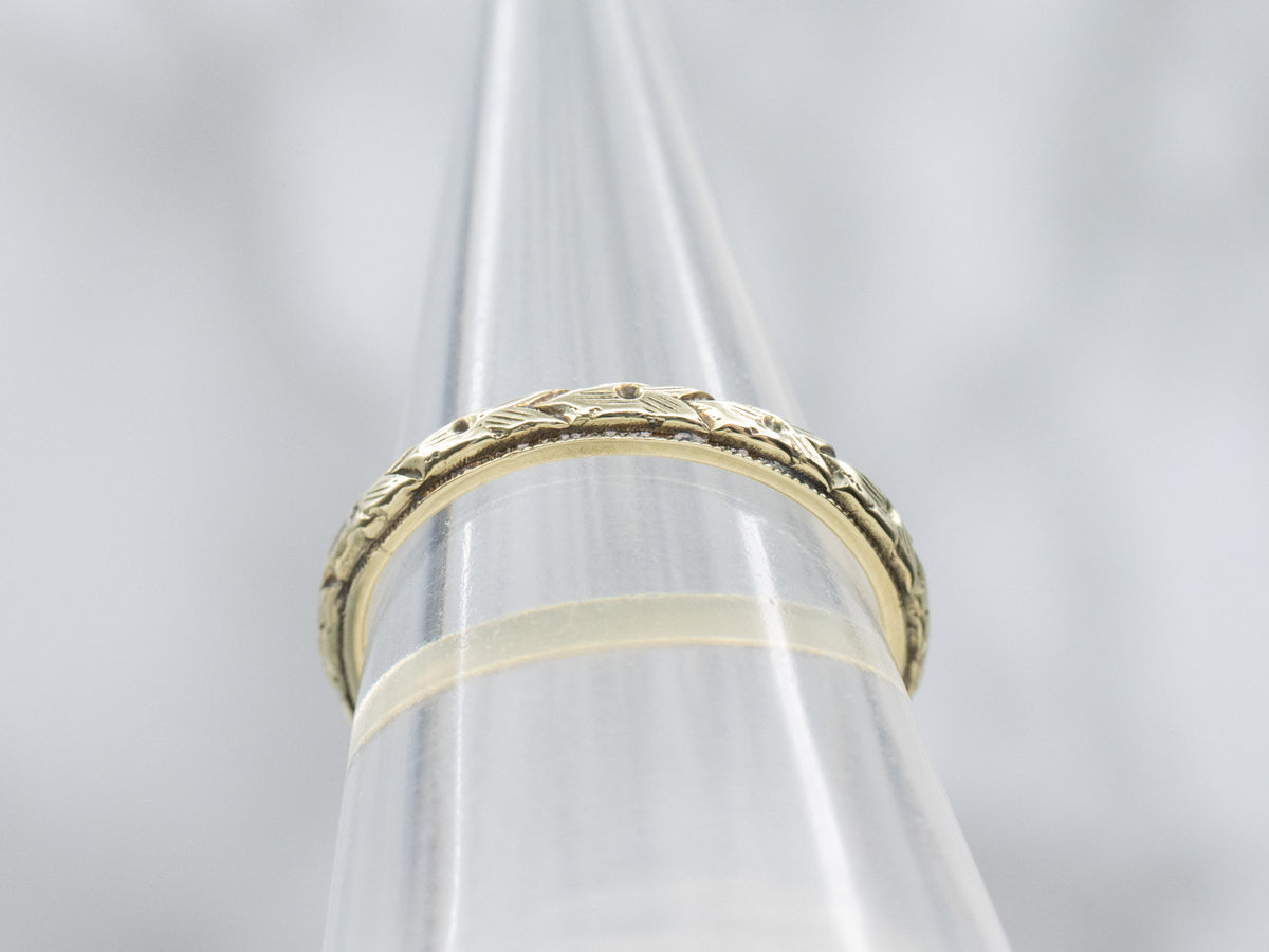 Antique Green Gold Engraved Pattern Band with Milgrain Edge