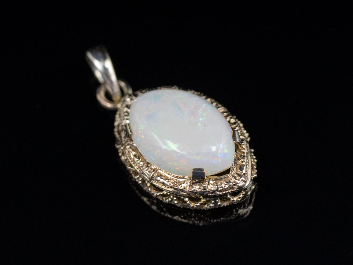 Marquise-Cut Opal Art Deco Filigree Stickpin Conversion Pendant