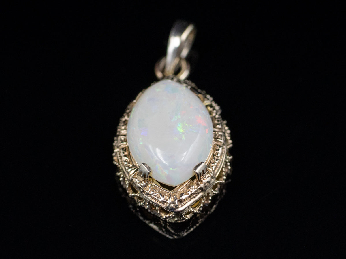 Marquise-Cut Opal Art Deco Filigree Stickpin Conversion Pendant