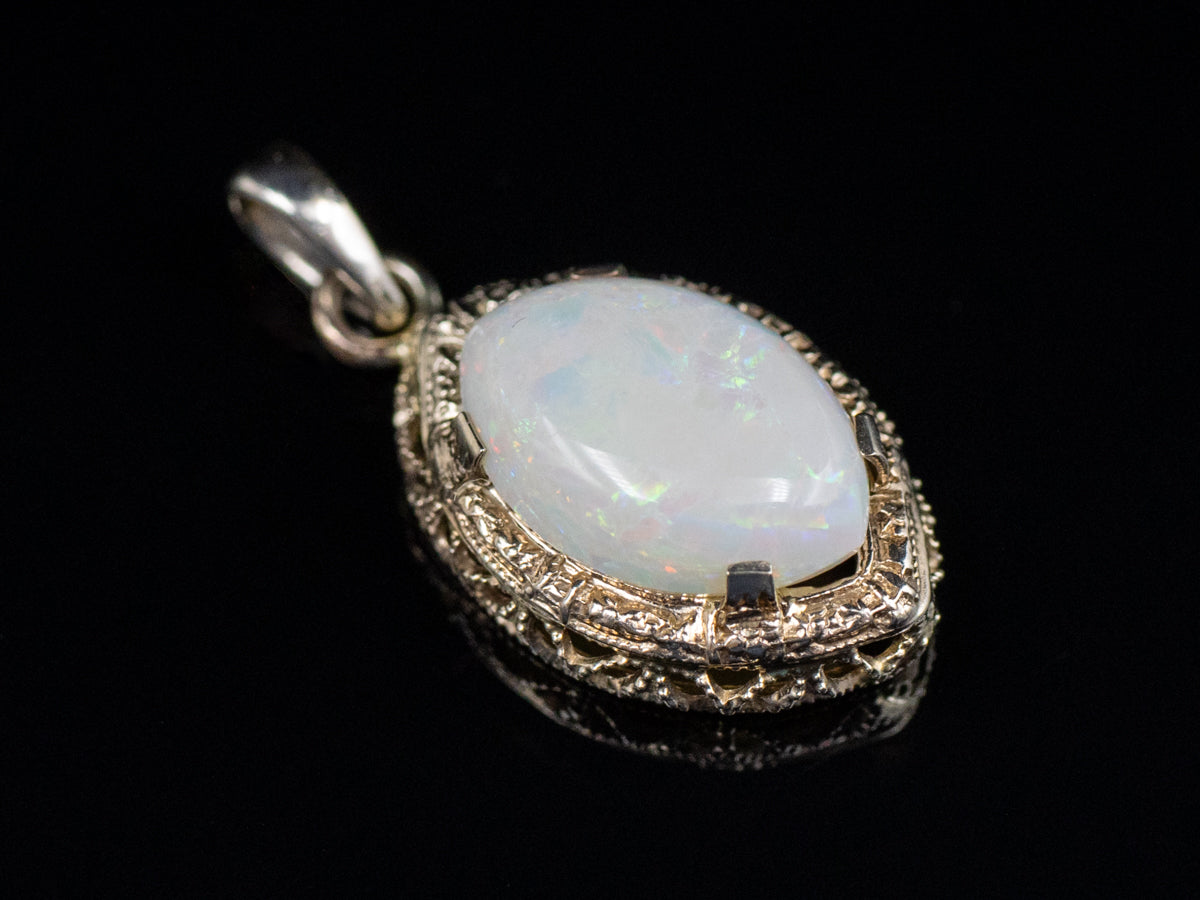 Marquise-Cut Opal Art Deco Filigree Stickpin Conversion Pendant