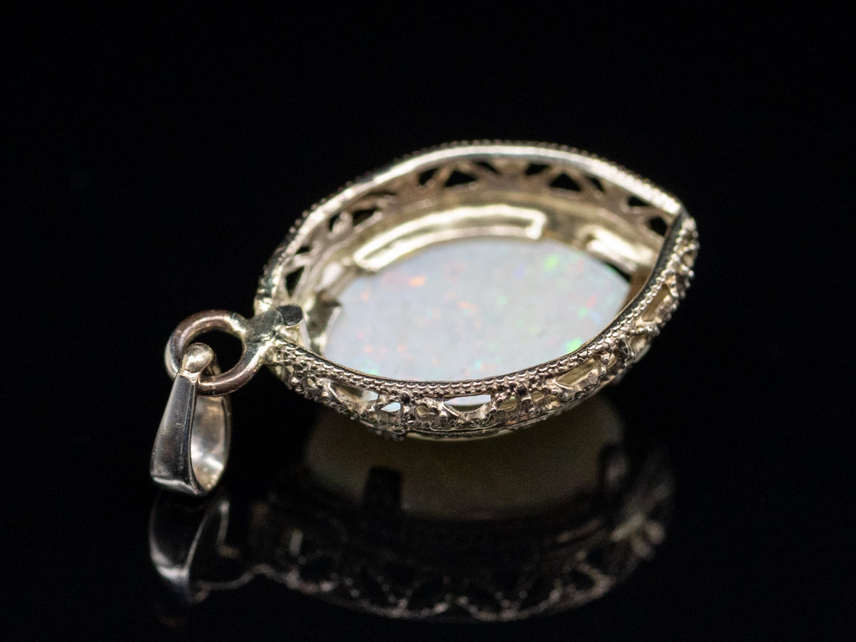 Marquise-Cut Opal Art Deco Filigree Stickpin Conversion Pendant