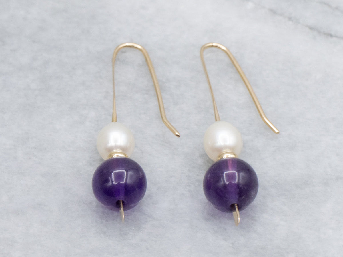 Beaded Amethyst and Pearl Gold Drop Earrings