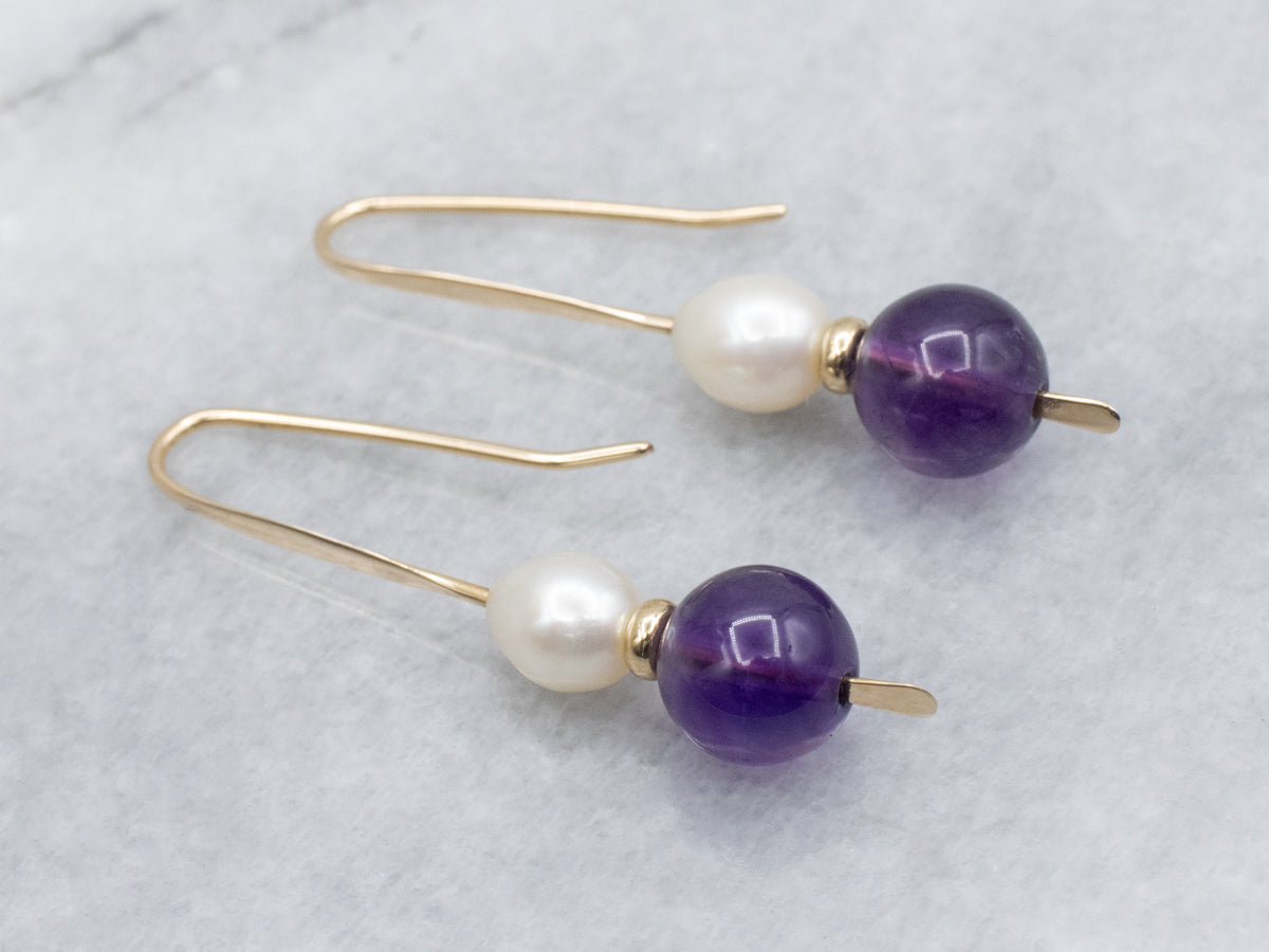Beaded Amethyst and Pearl Gold Drop Earrings