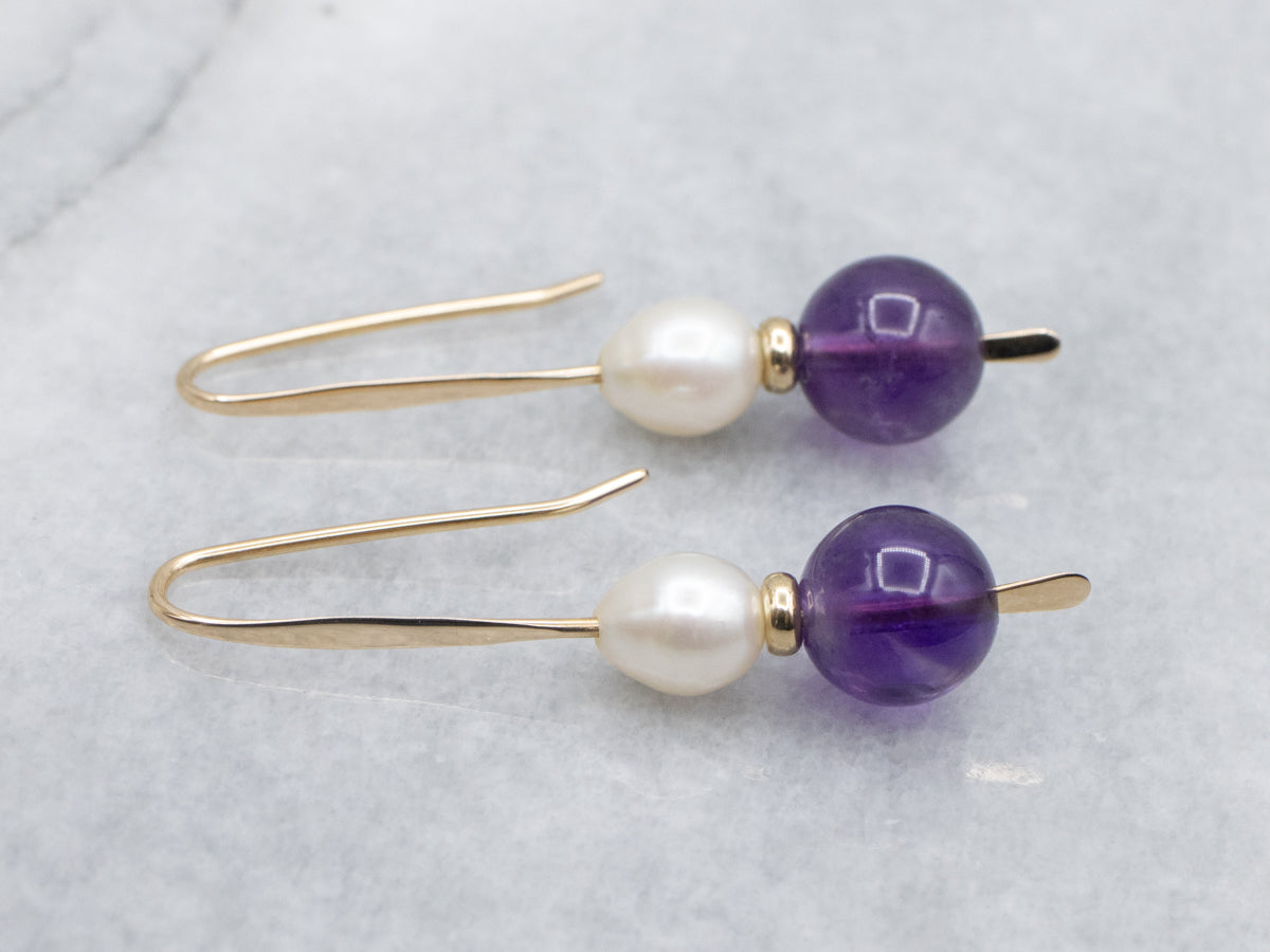 Beaded Amethyst and Pearl Gold Drop Earrings
