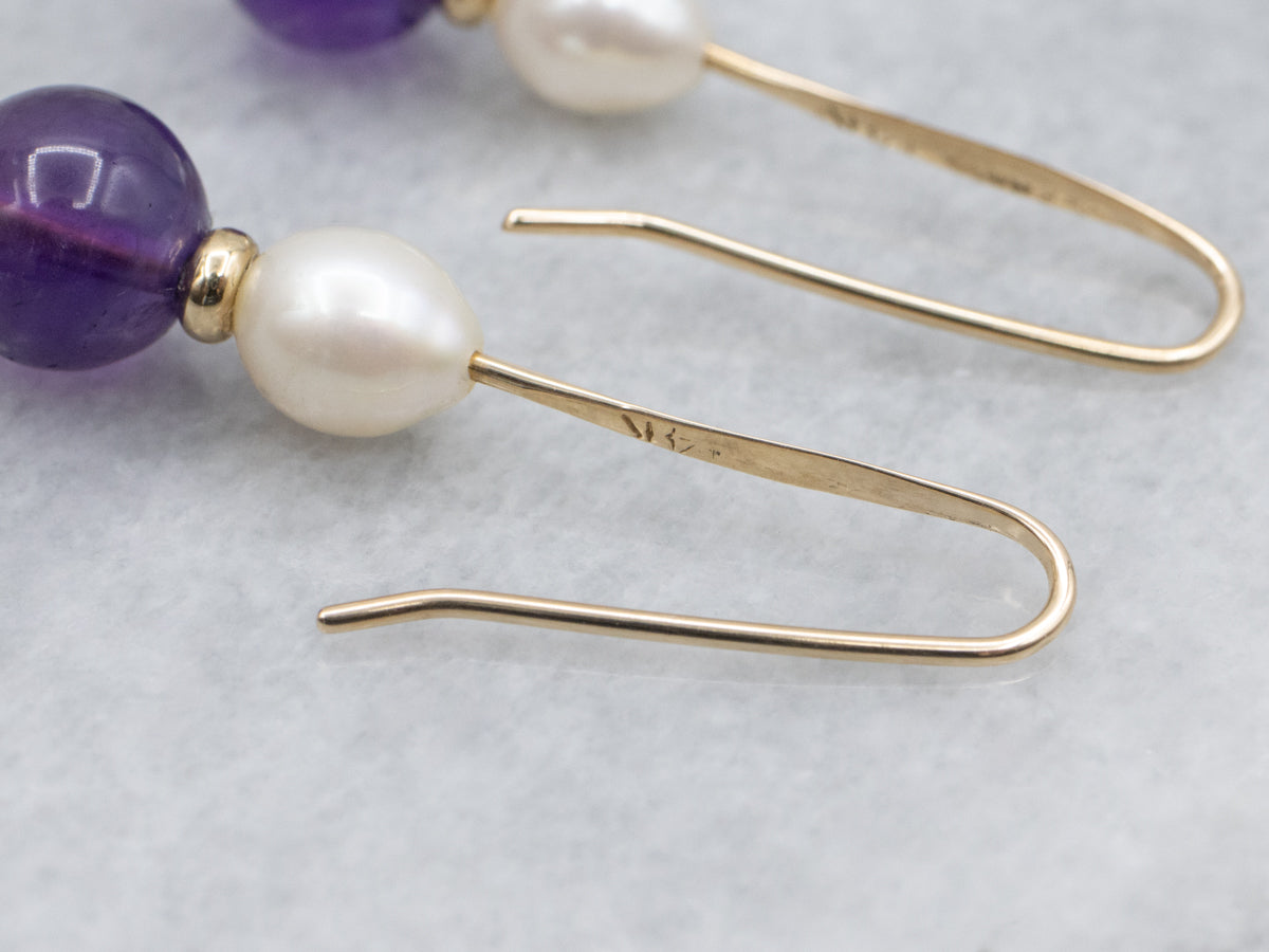 Beaded Amethyst and Pearl Gold Drop Earrings