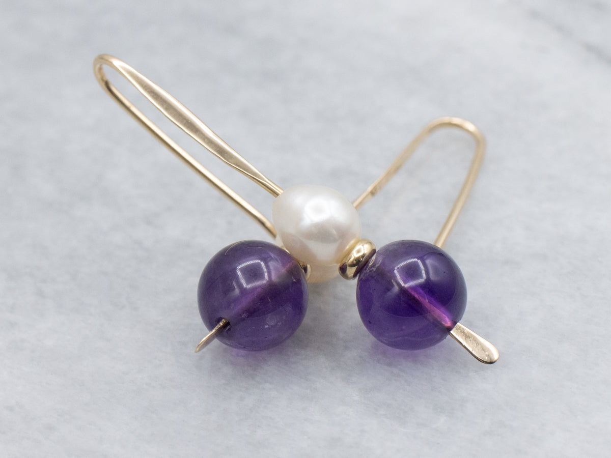 Beaded Amethyst and Pearl Gold Drop Earrings