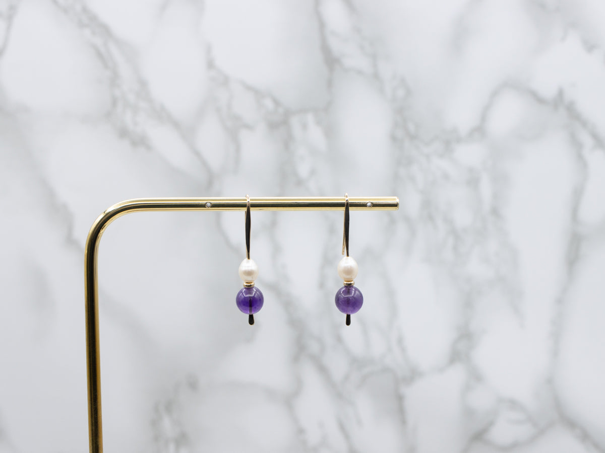 Beaded Amethyst and Pearl Gold Drop Earrings