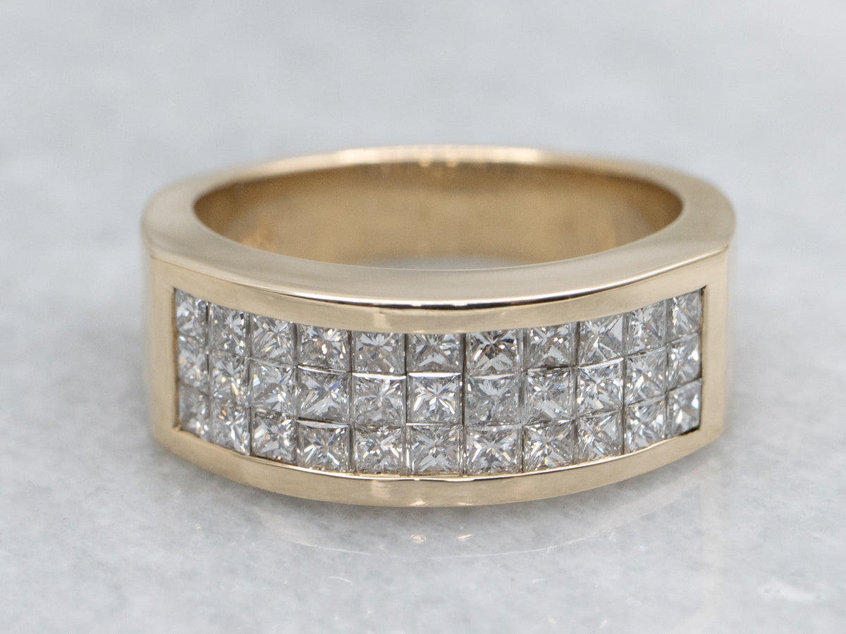 Triple Row Princess-Cut Diamond and Gold Cocktail Band