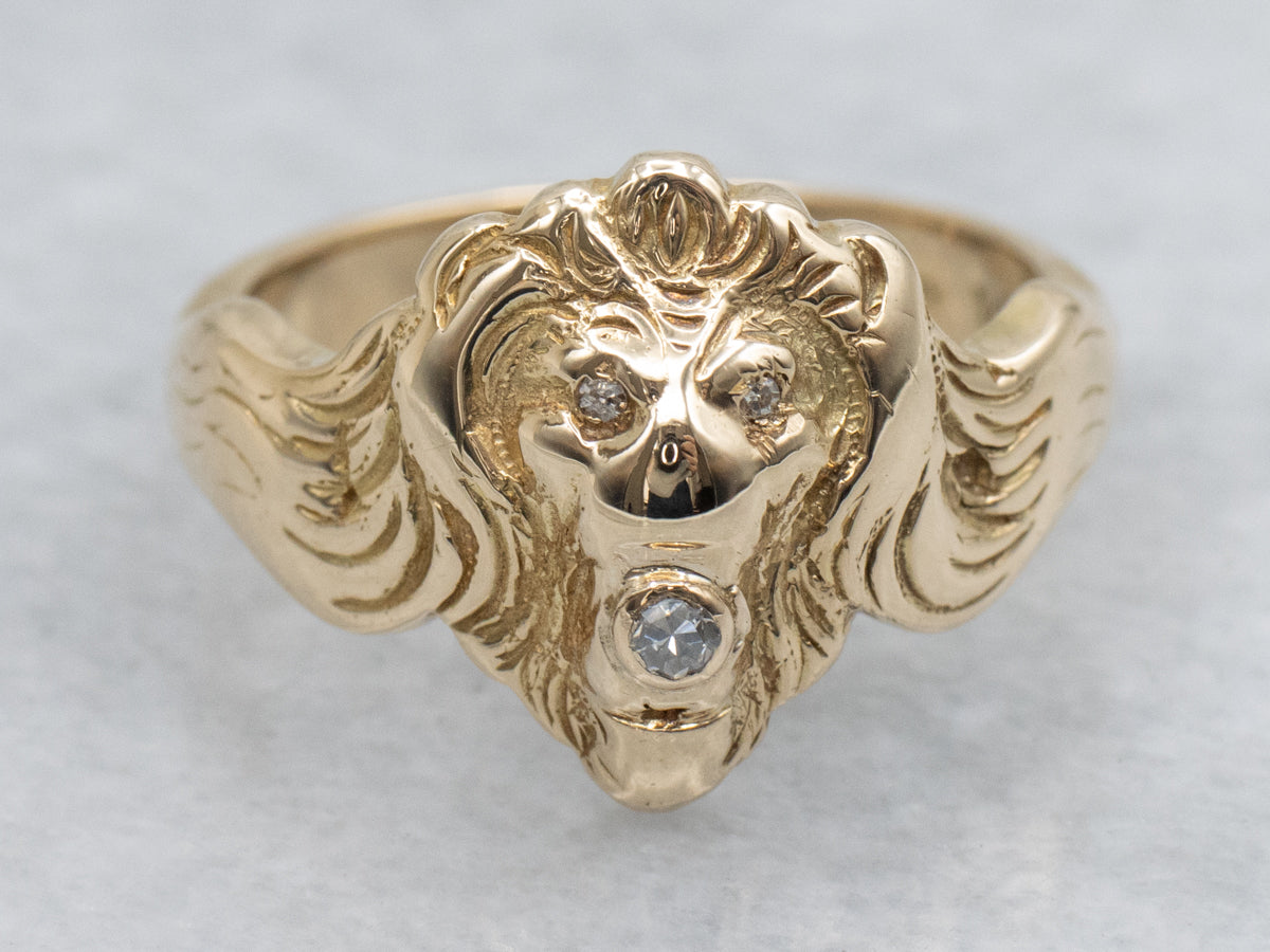 Brilliant Diamond Yellow Gold Unisex Lion Ring