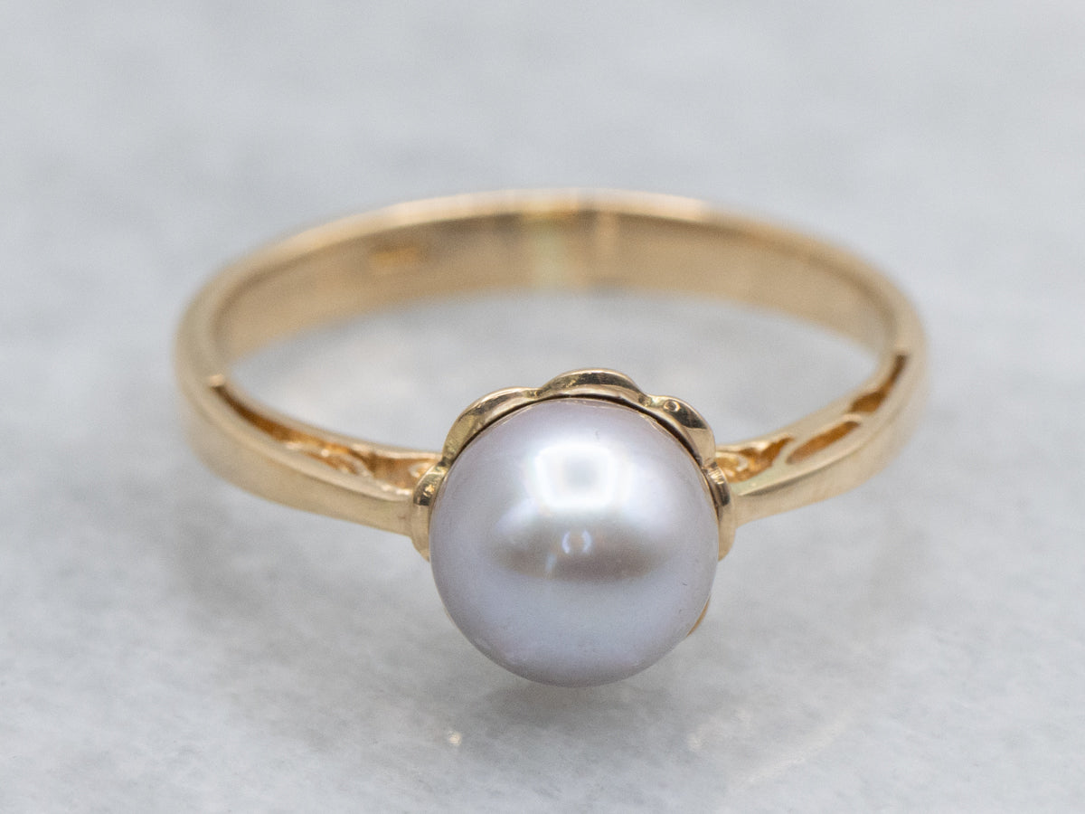 Grey Pearl Scrolling Filigree Yellow Gold Solitaire Ring