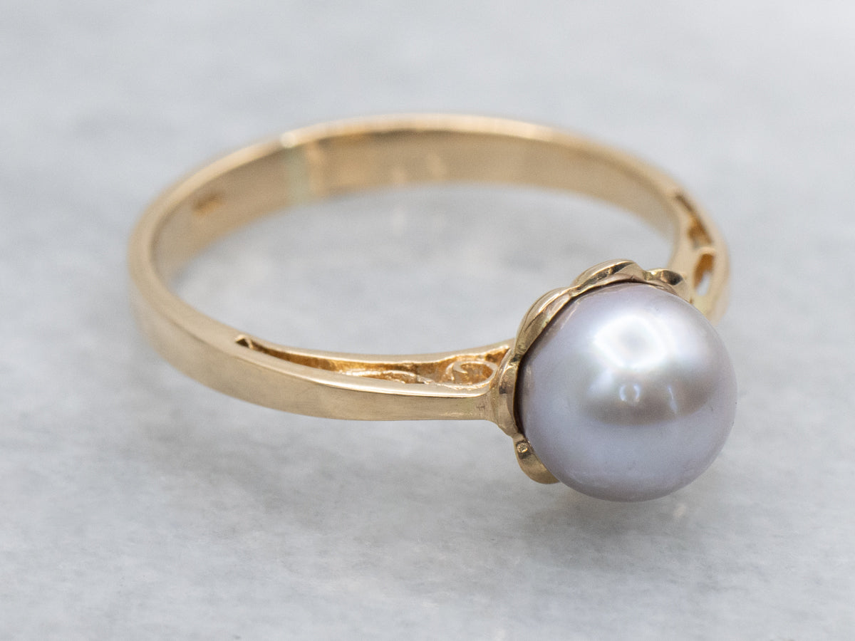 Grey Pearl Scrolling Filigree Yellow Gold Solitaire Ring