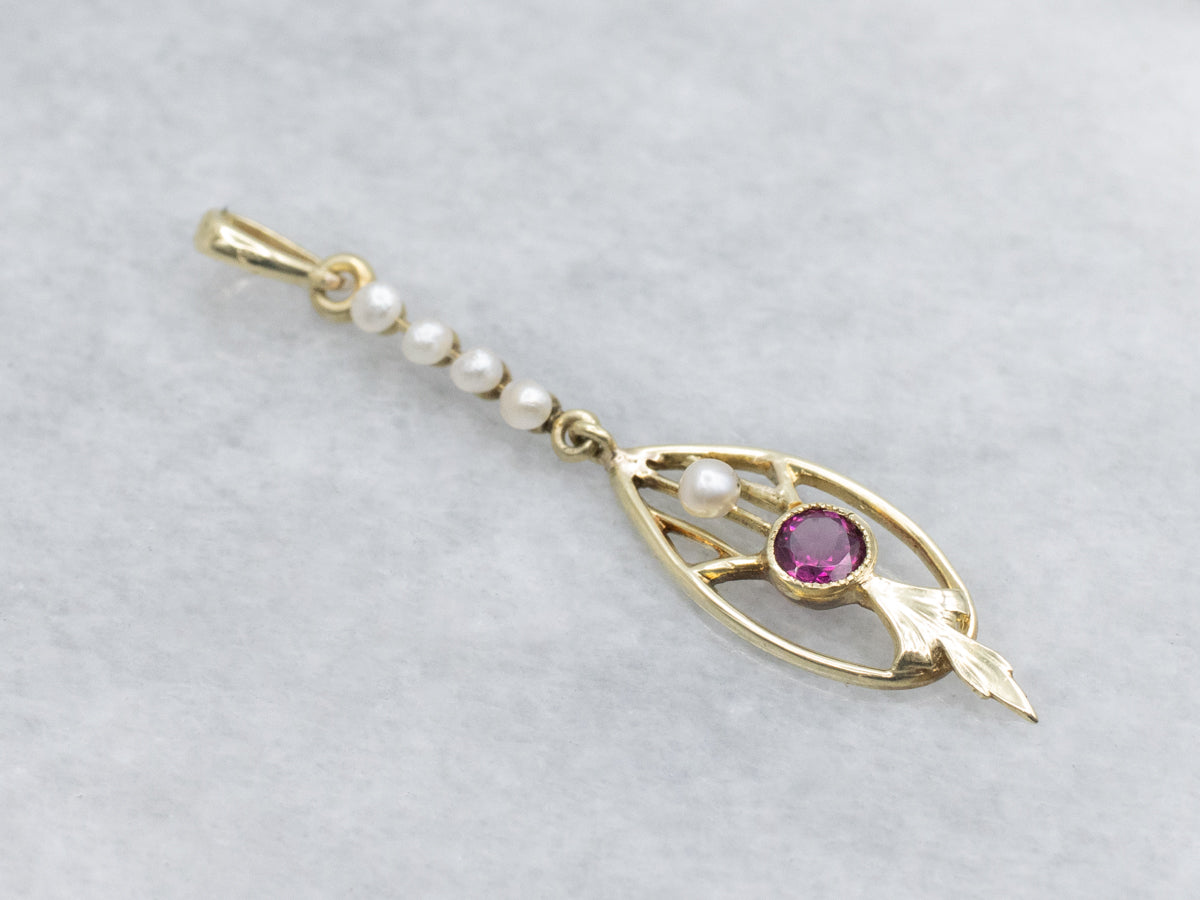 Art Nouveau Era Rhodolite Garnet and Pearl Lavalier Pendant