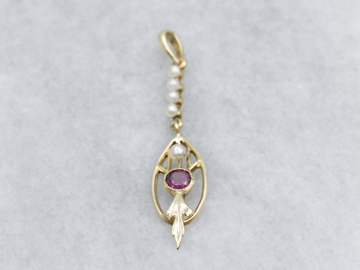 Art Nouveau Era Rhodolite Garnet and Pearl Lavalier Pendant