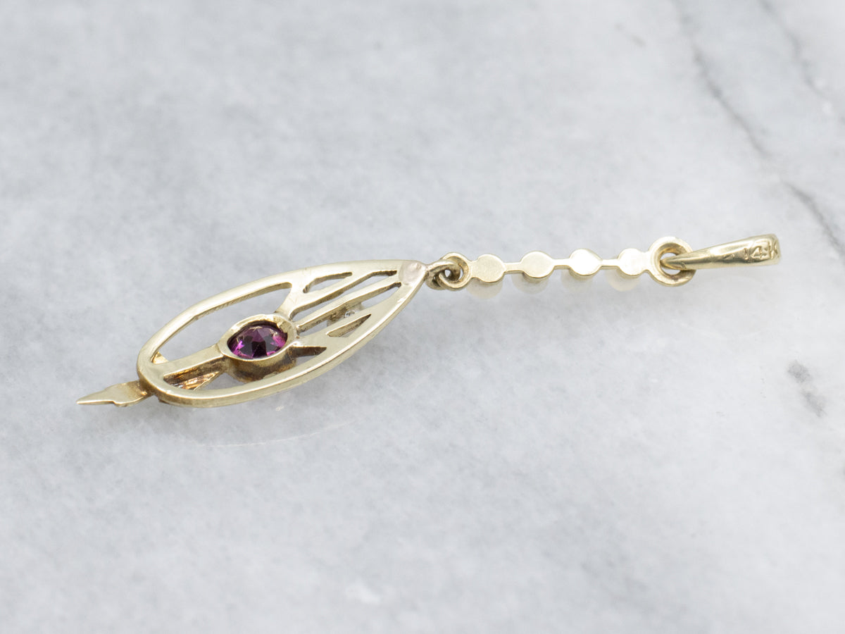 Art Nouveau Era Rhodolite Garnet and Pearl Lavalier Pendant