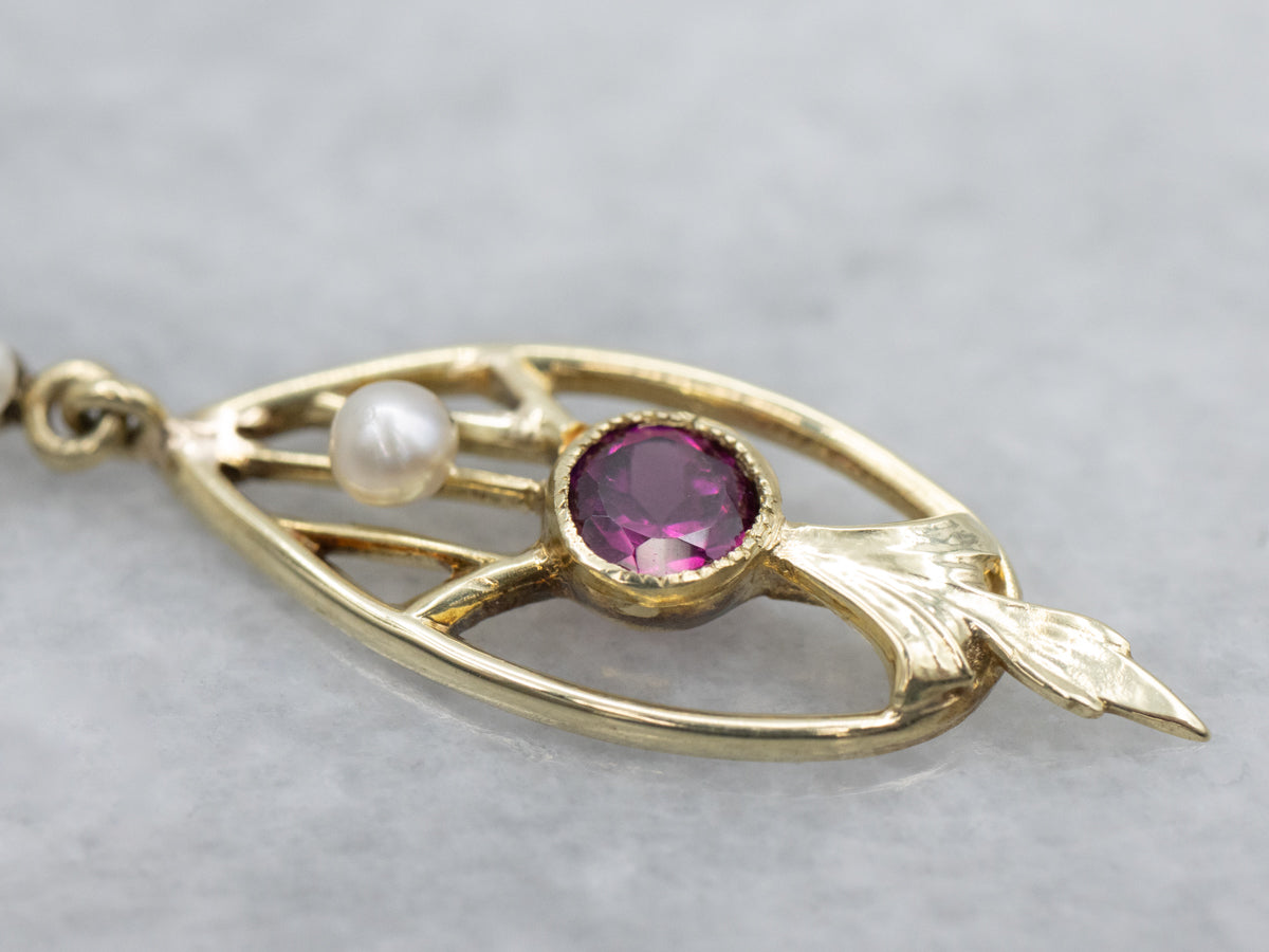 Art Nouveau Era Rhodolite Garnet and Pearl Lavalier Pendant